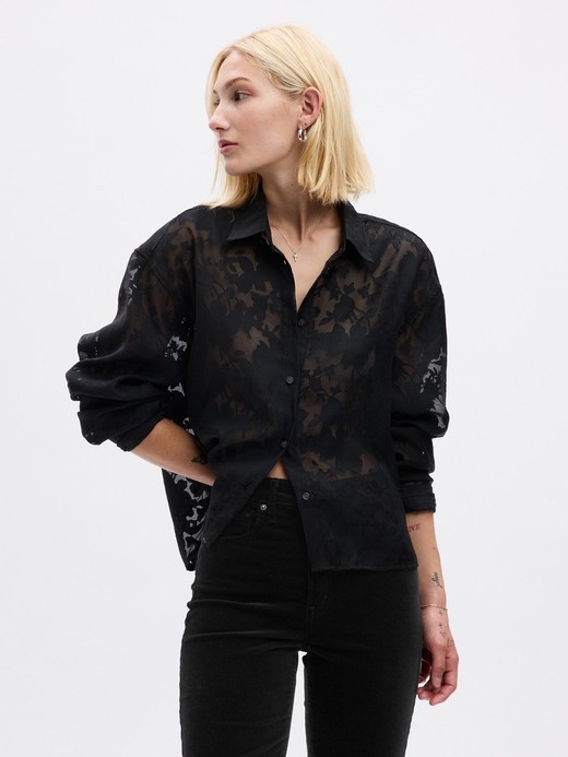 Image for Sheer Floral Cropped Shirt from Gap