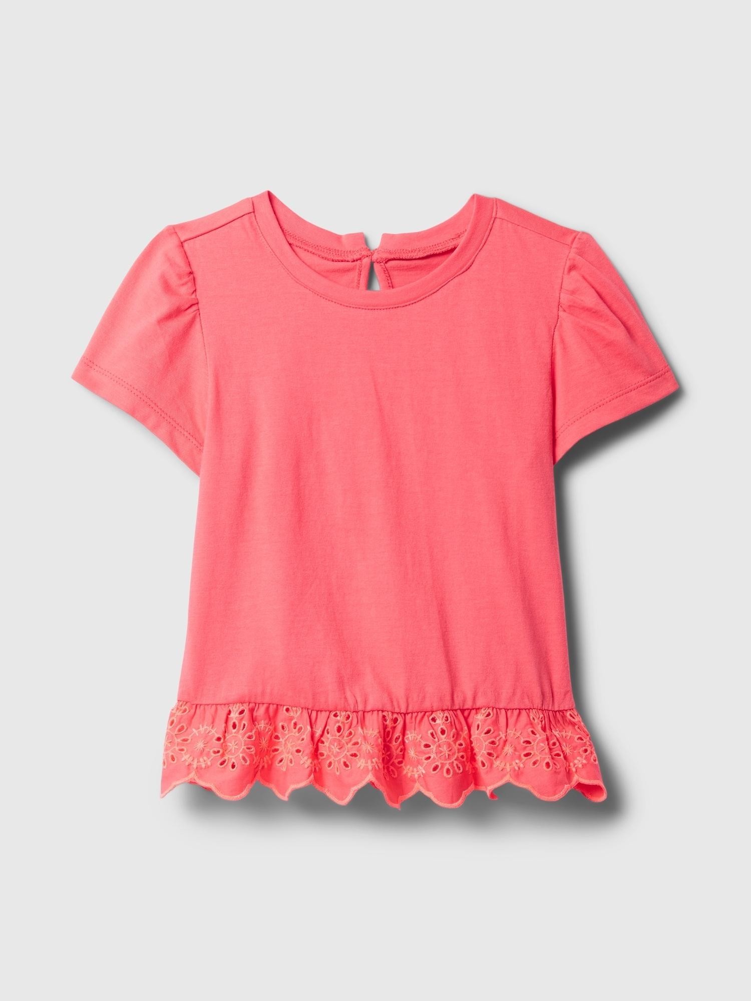 GAP Majica s kratkimi rokavi in vezenim naborkom za malčice Roza - Fresh Coral 