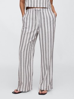 GAP Mid Rise Linen-Blend Pull-On Wide-Leg Pants Blue White Stripe 3