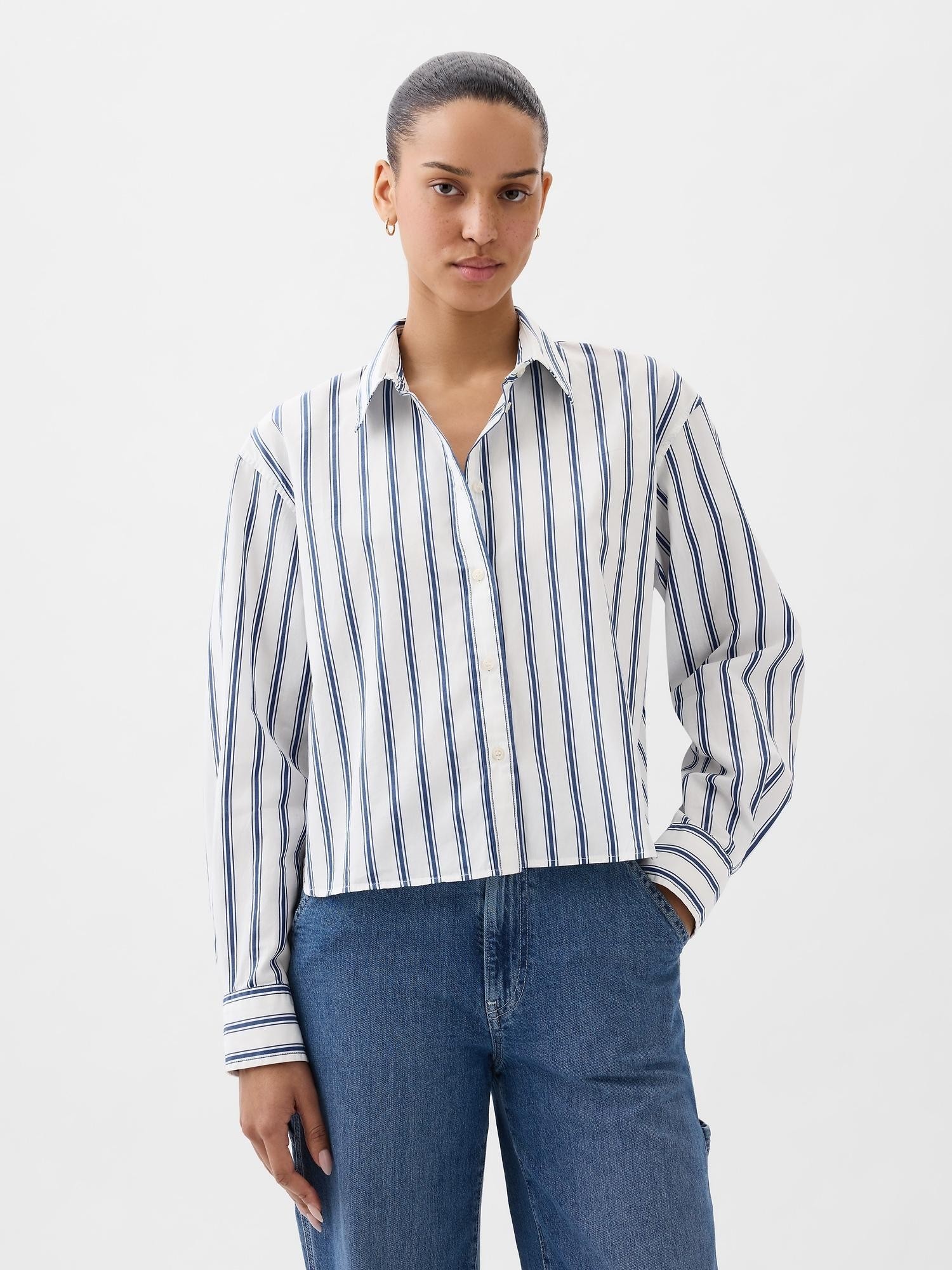 GAP Ženska cropped srajca z dolgimi rokavi Modra - Blue &amp; White Stripe 