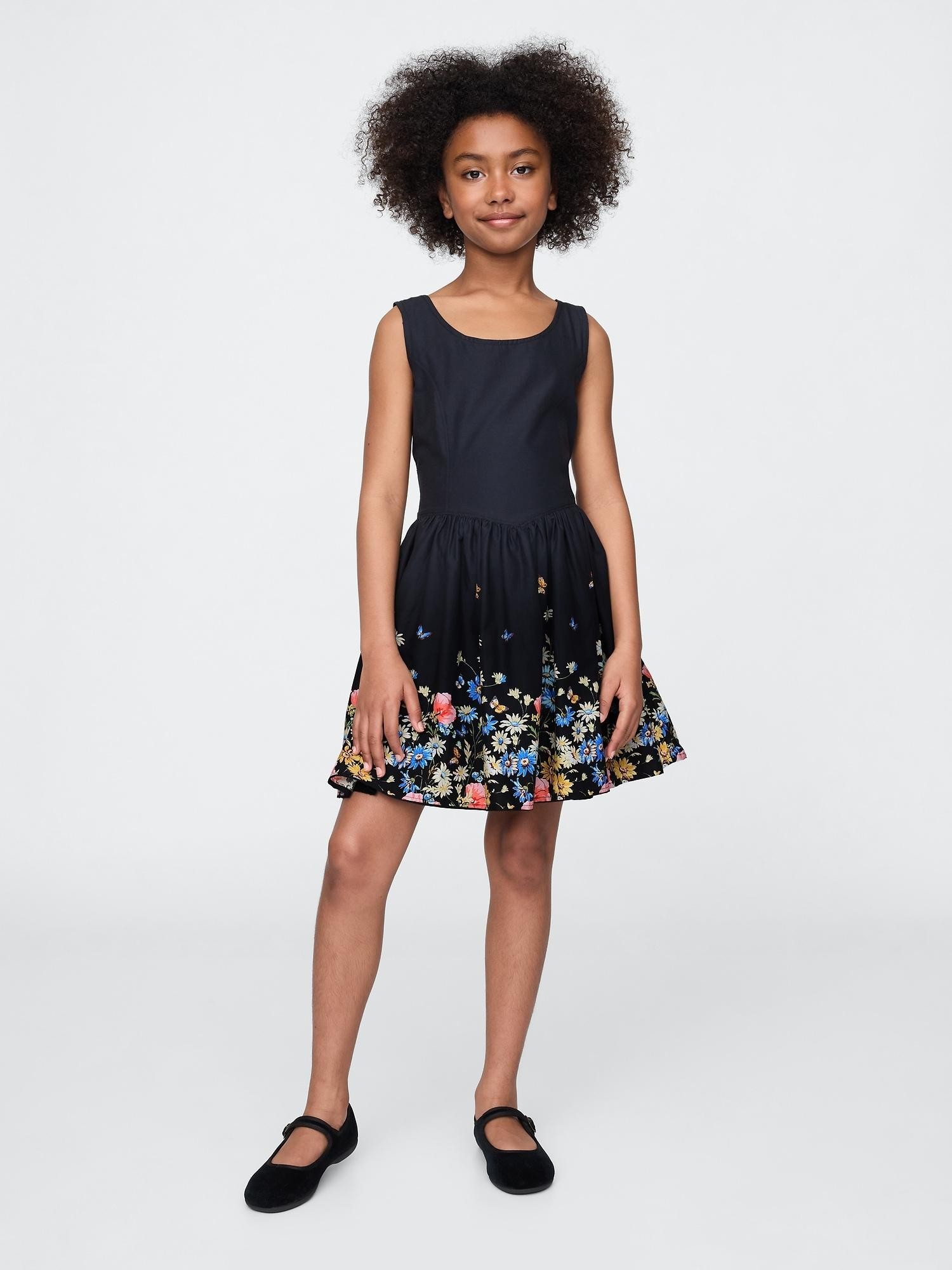 GAP Rožasta obleka iz lana in bombaža za deklice Črna - Black Floral 