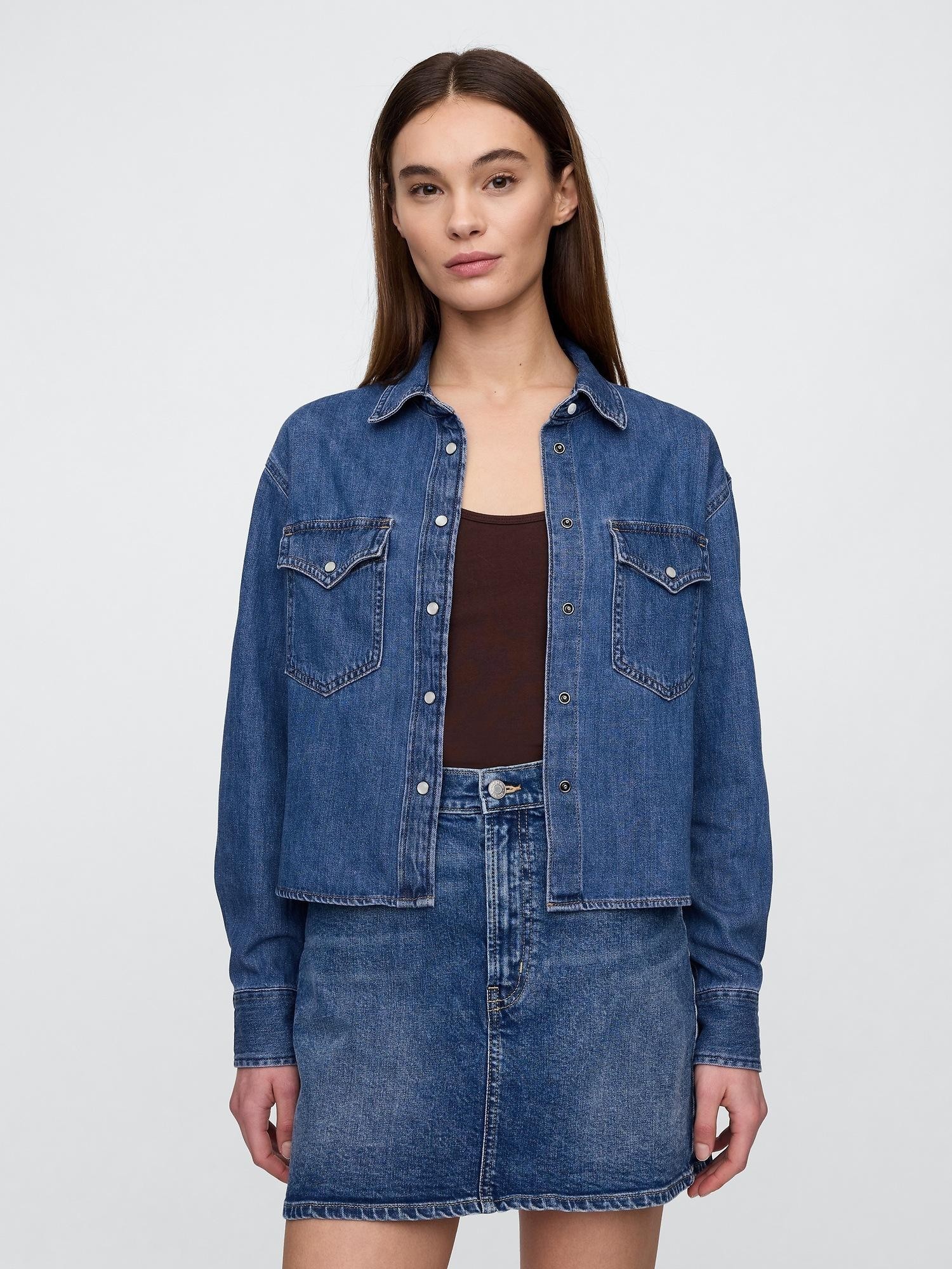 GAP Ženska denim srajčna jakna Modra - Dark Wash Indigo 