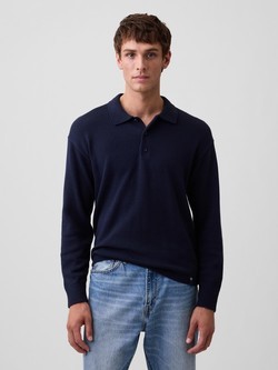 Moški relaxed fit pleten pulover s polo ovratnikom