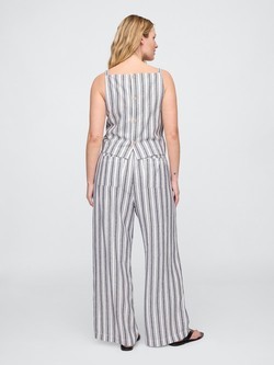 GAP Mid Rise Linen-Blend Pull-On Wide-Leg Pants Blue White Stripe 6