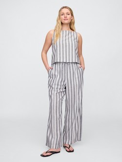GAP Mid Rise Linen-Blend Pull-On Wide-Leg Pants Blue White Stripe 5