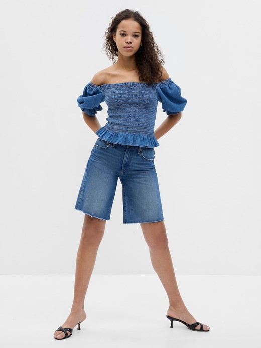 Image for Puff Sleeve Denim Smocked Peplum Top from Gap