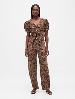 High Rise Barrel Jeans With Leo Print