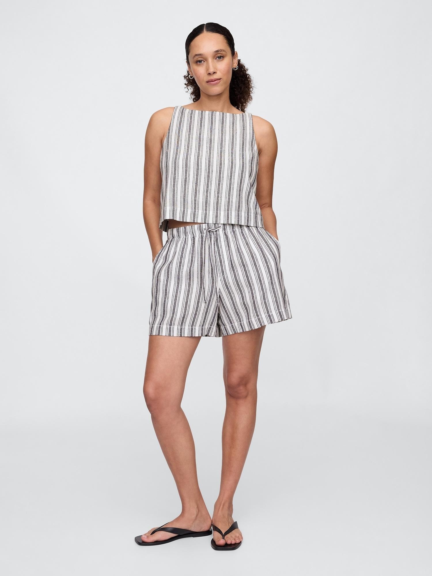 GAP Striped Short In Linen Blend Blue White Stripe 
