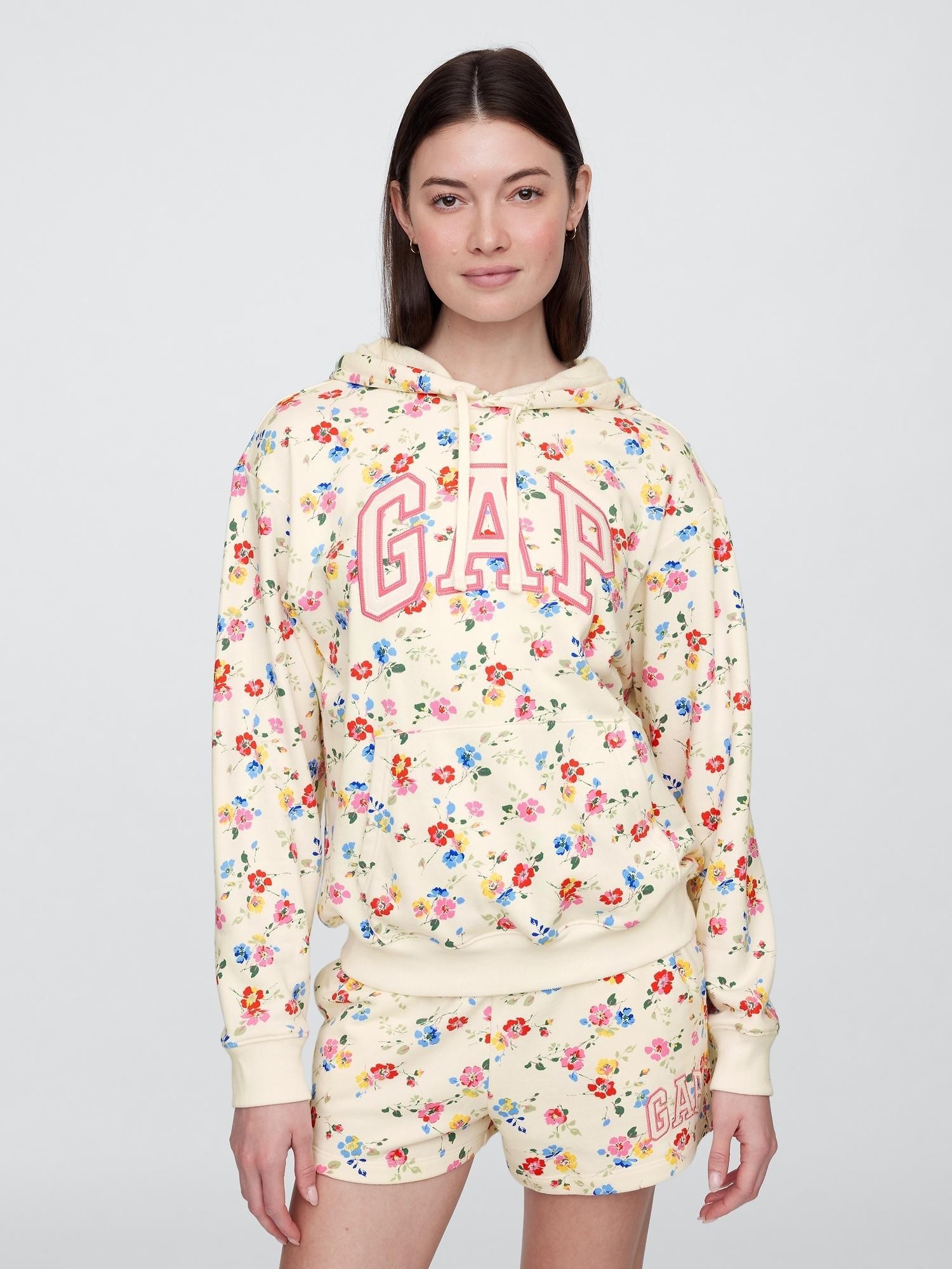 GAP Relaxed Gap Logo Hoodie Red Floral Print 