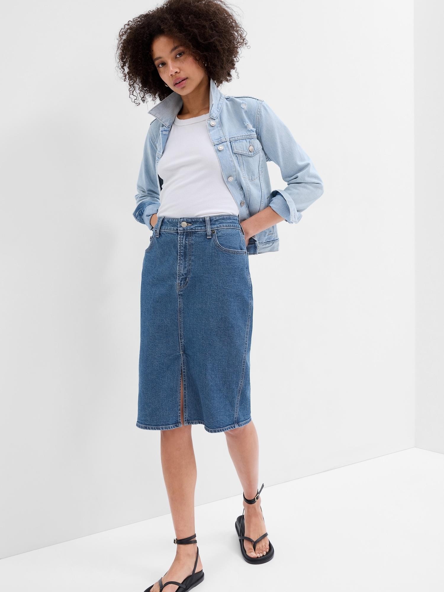 GAP Žensko denim midi krilo Modra - Medium Indigo 