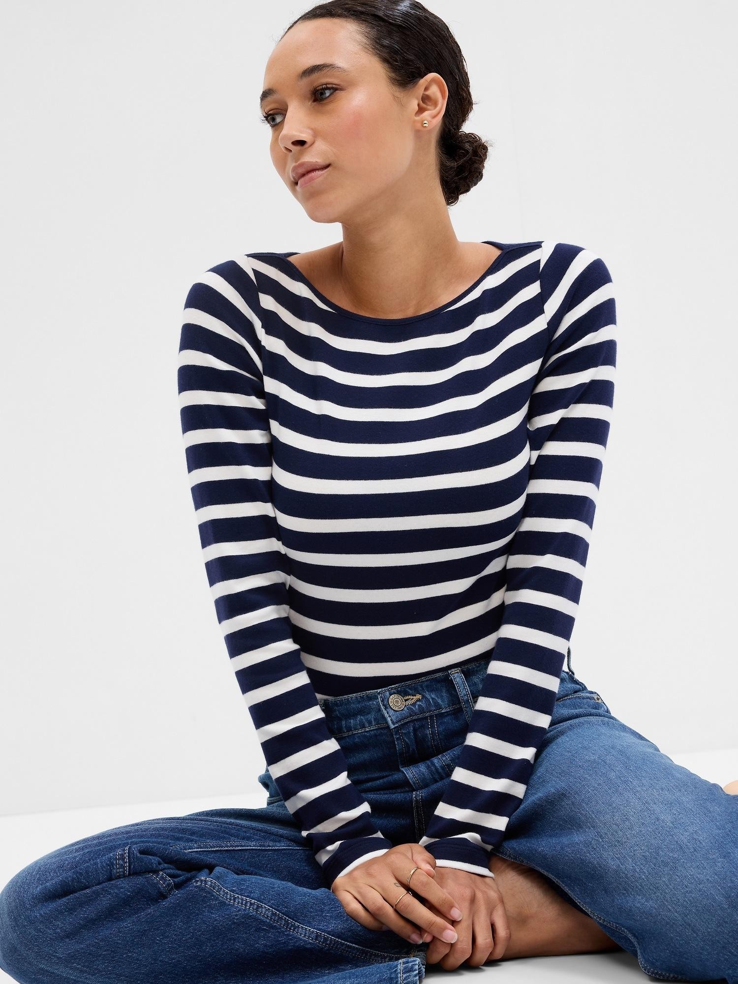 GAP Boatneck Stripe T-Shirt Navy White Stripe 