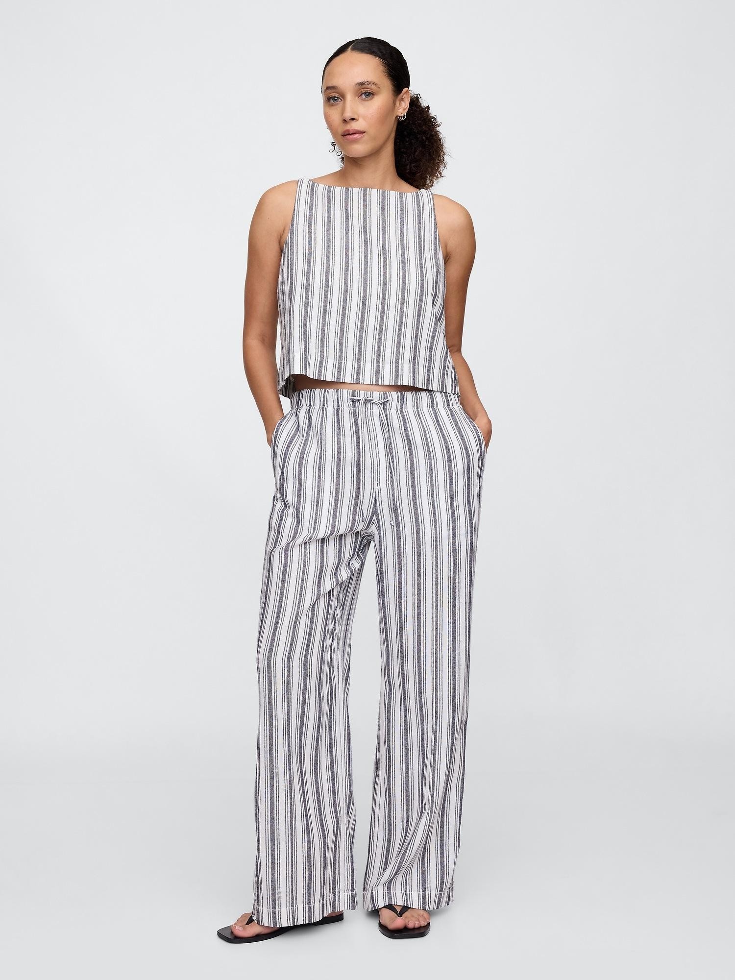 GAP Mid Rise Linen-Blend Pull-On Wide-Leg Pants Blue White Stripe 