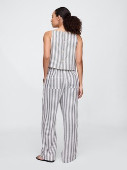 GAP Mid Rise Linen-Blend Pull-On Wide-Leg Pants Blue White Stripe 2
