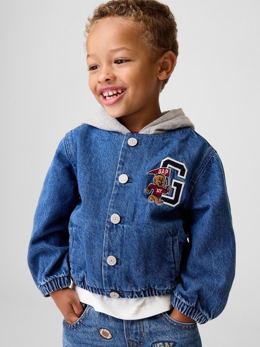 Image for Baby & Toddler Denim Varsity Bomber Jacket with contrast Hood from Gap