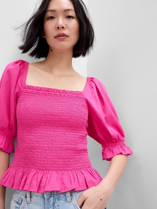 Image for Puff Sleeve Smocked Peplum Top from Gap