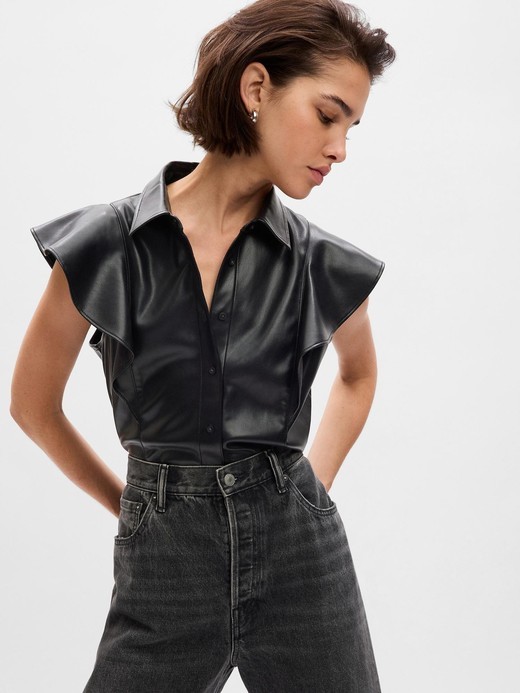Image for Faux-Leather Flutter Sleeve Shirt from Gap